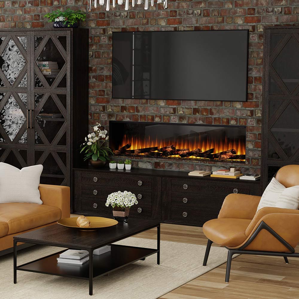 Built-in linear electric fireplace with dark surround and glowing flame bed