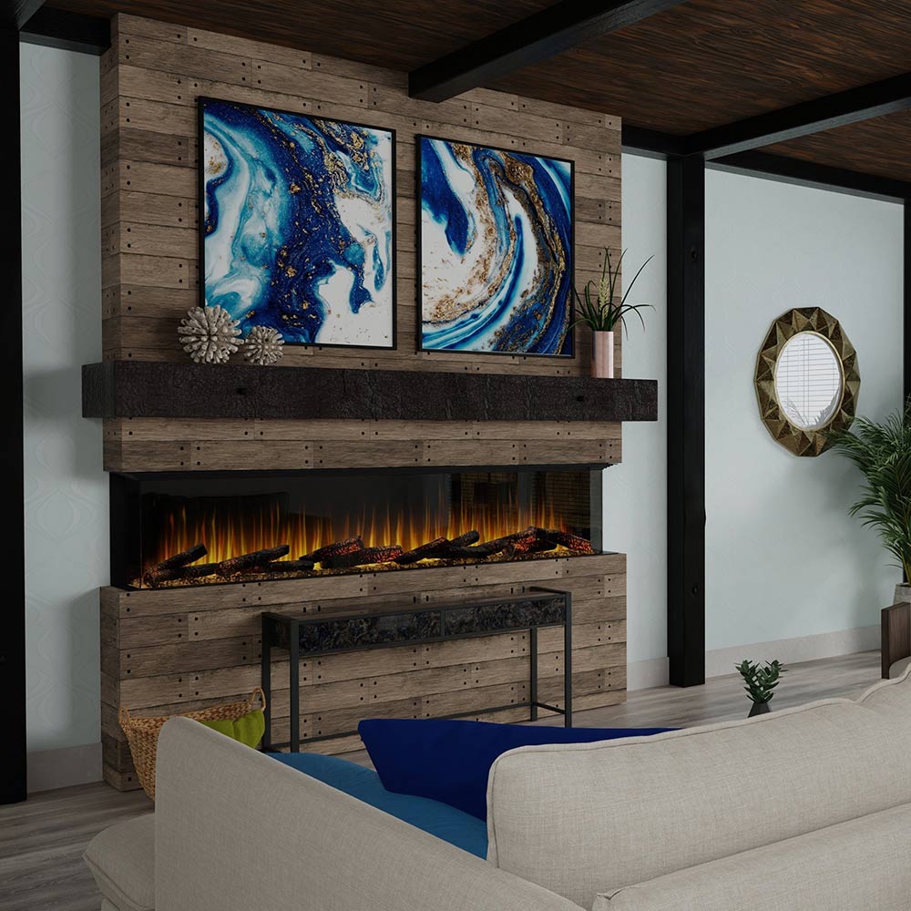 Built-in linear electric fireplace with wood surround and glowing flame bed