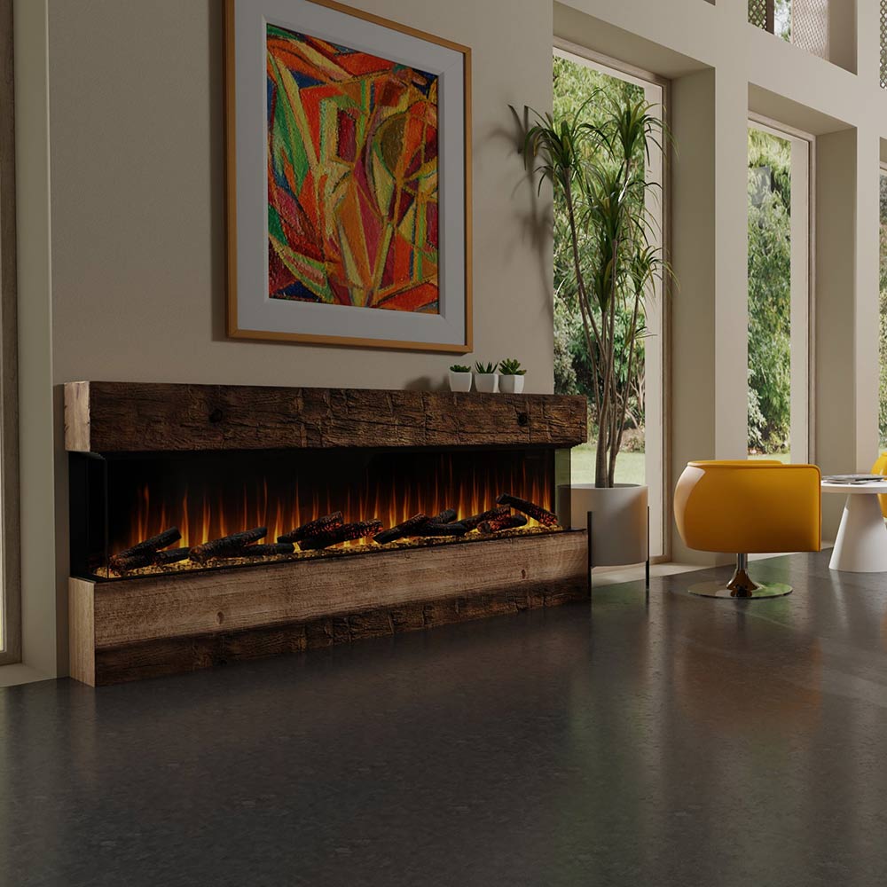 Built-in linear electric fireplace with dark stone surround and glowing log flames