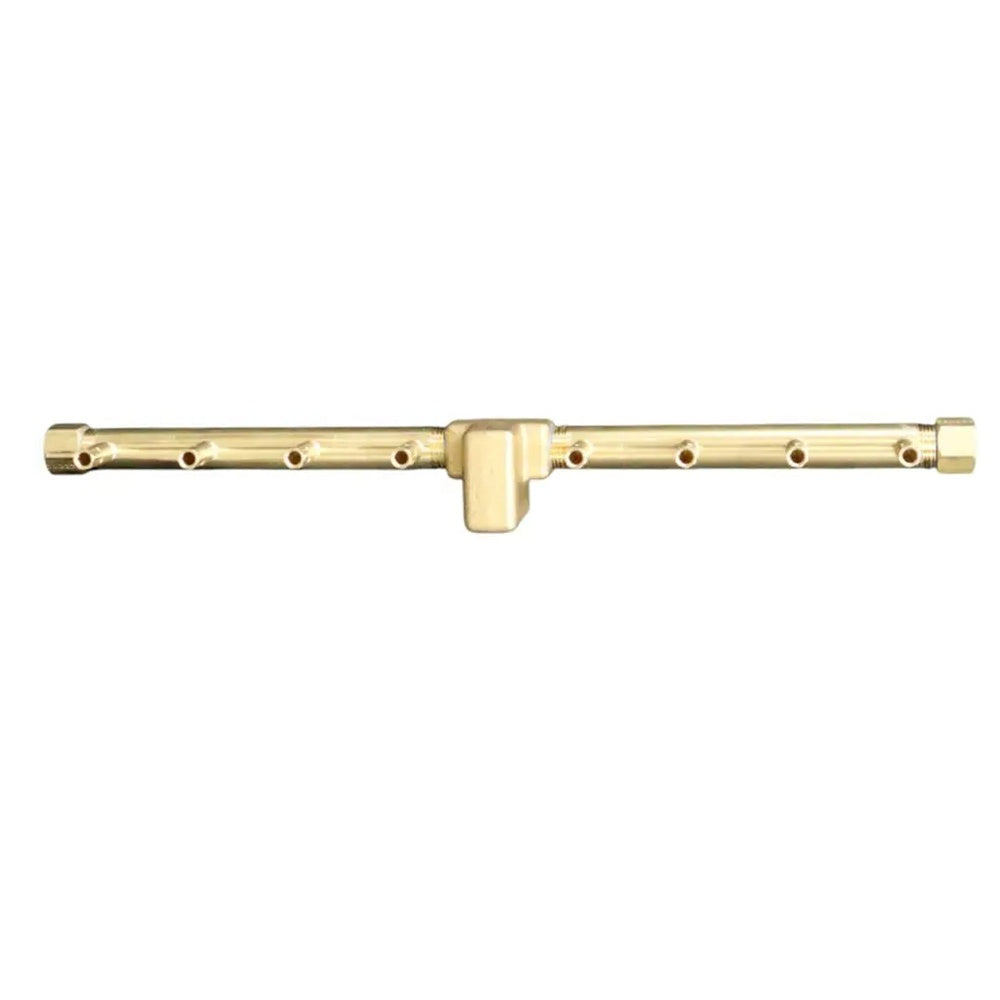 Linear crossfire brass gas burner with perforated tube and central control valve