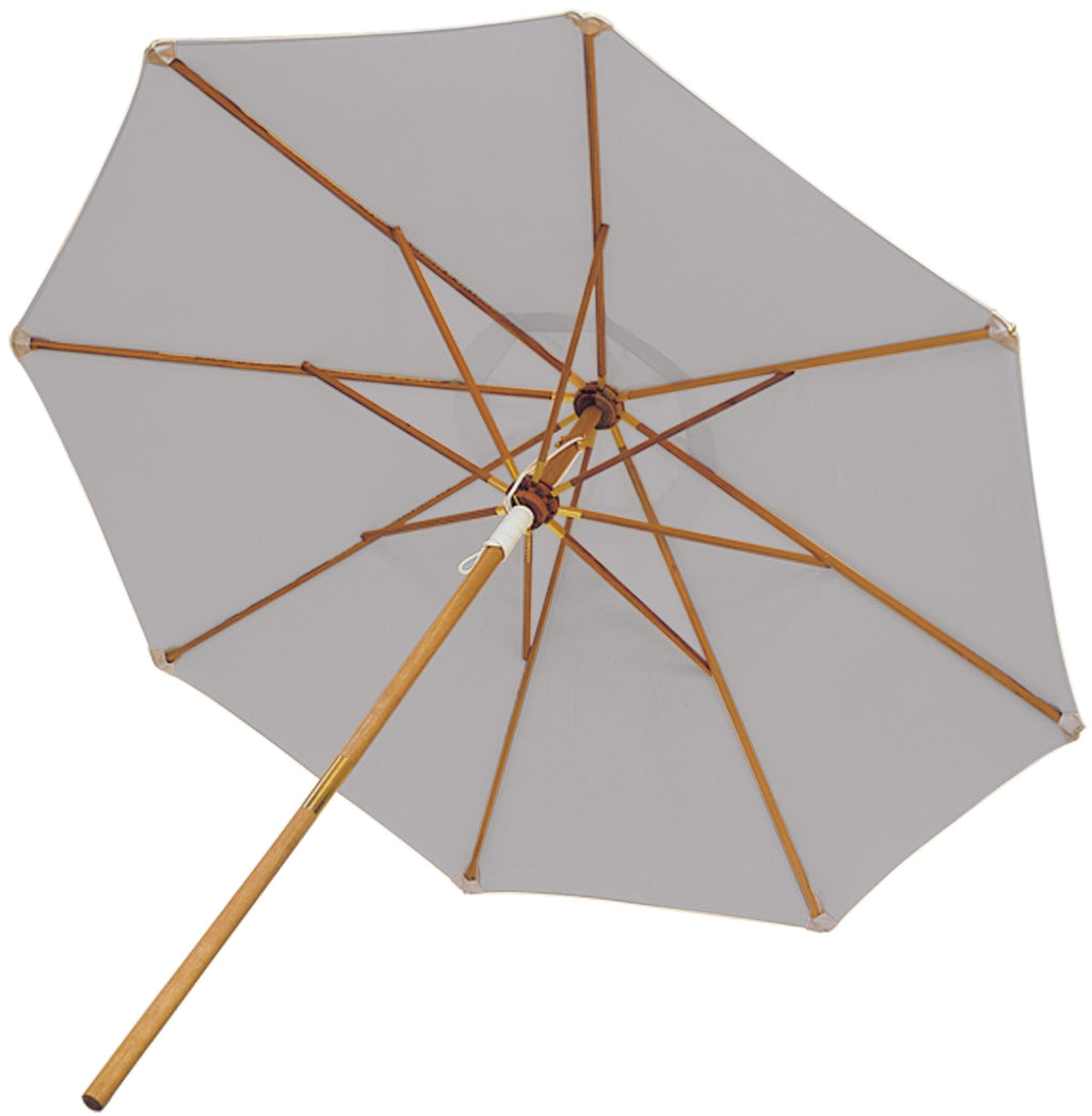 10-foot deluxe patio umbrella with light gray canopy and wooden frame, open