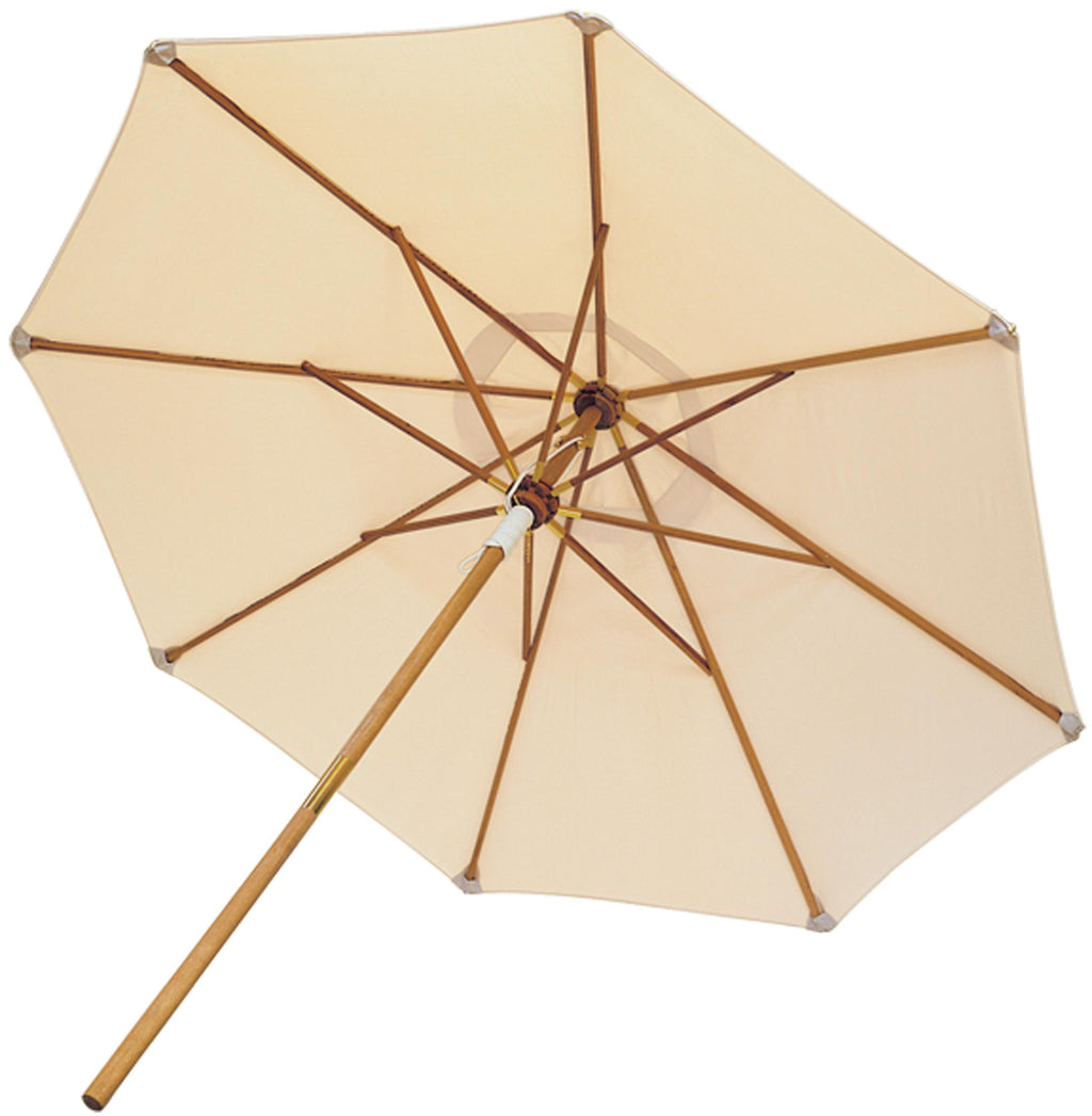 10-foot deluxe patio umbrella with beige canopy and wooden frame, open