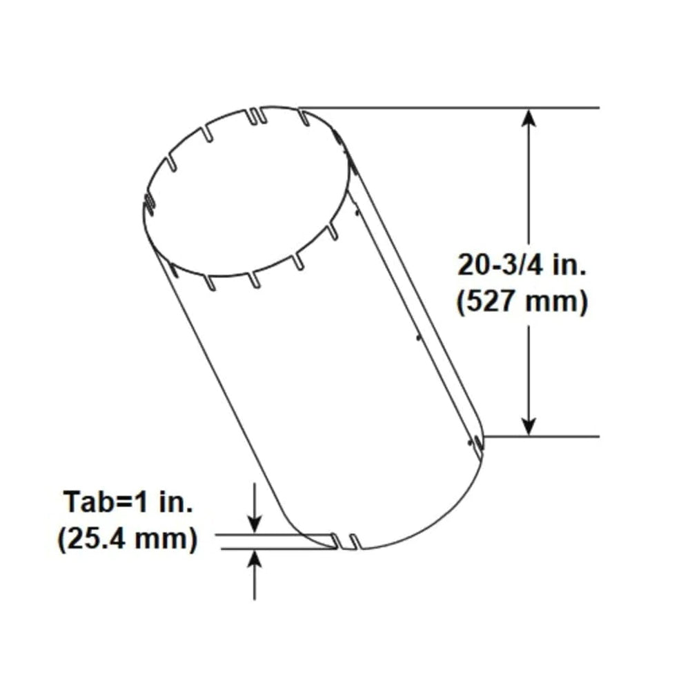 Attic insulation shield, 20-3/4 in tall; 1 in tab for overlap, oval curved end.
