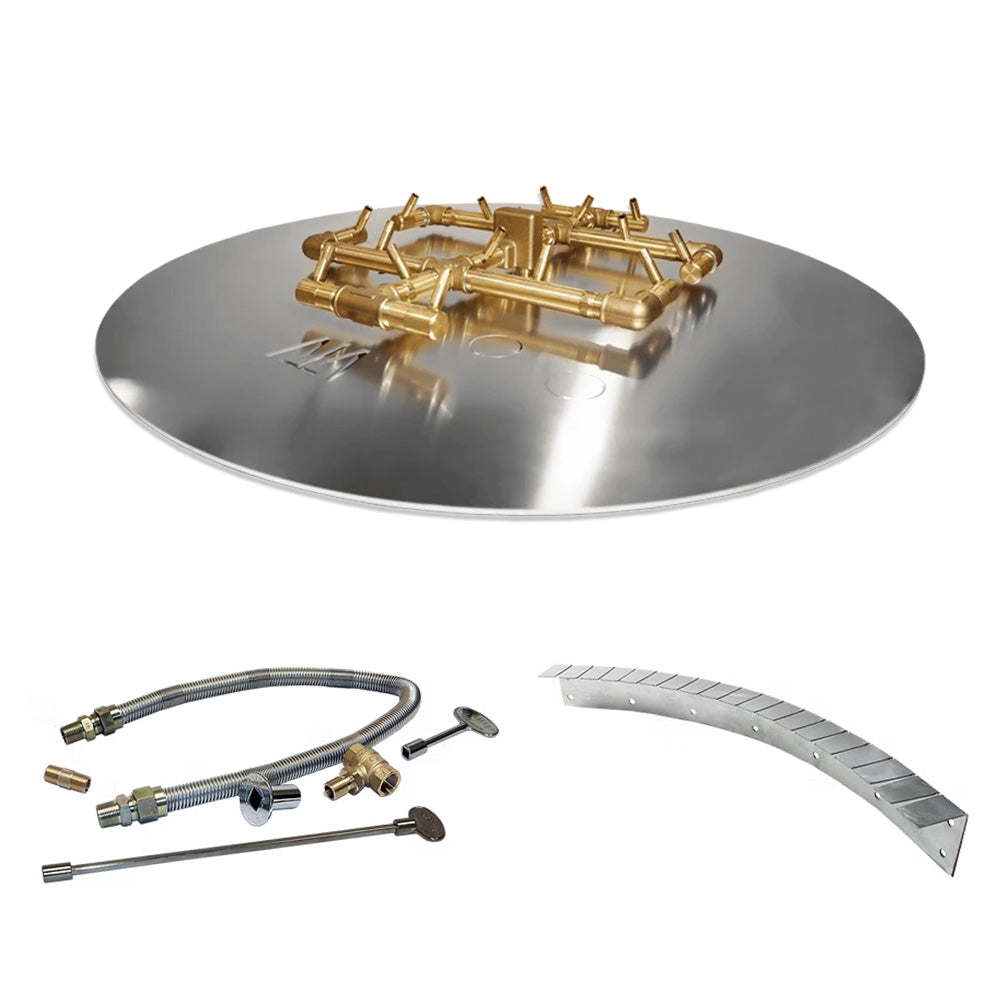 Outdoor paver match light kit with brass burner grid on round plate