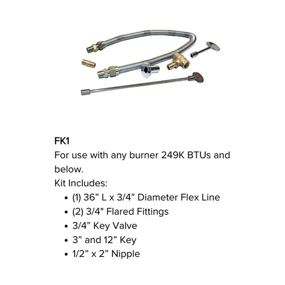 Flexible gas line with key valve and fittings included in match light kit