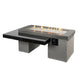 Linear gas fire pit table with dark top, stone-look base, and black control panel.