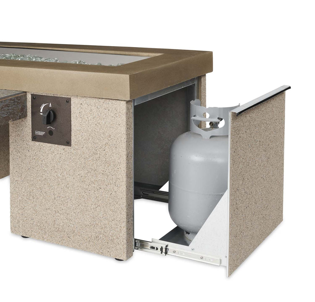 Linear gas fire pit table with open side access and propane tank inside; control panel shown.