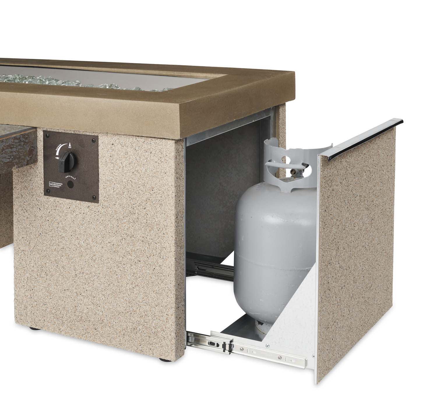Linear gas fire pit table with open side access and propane tank inside; control panel shown.