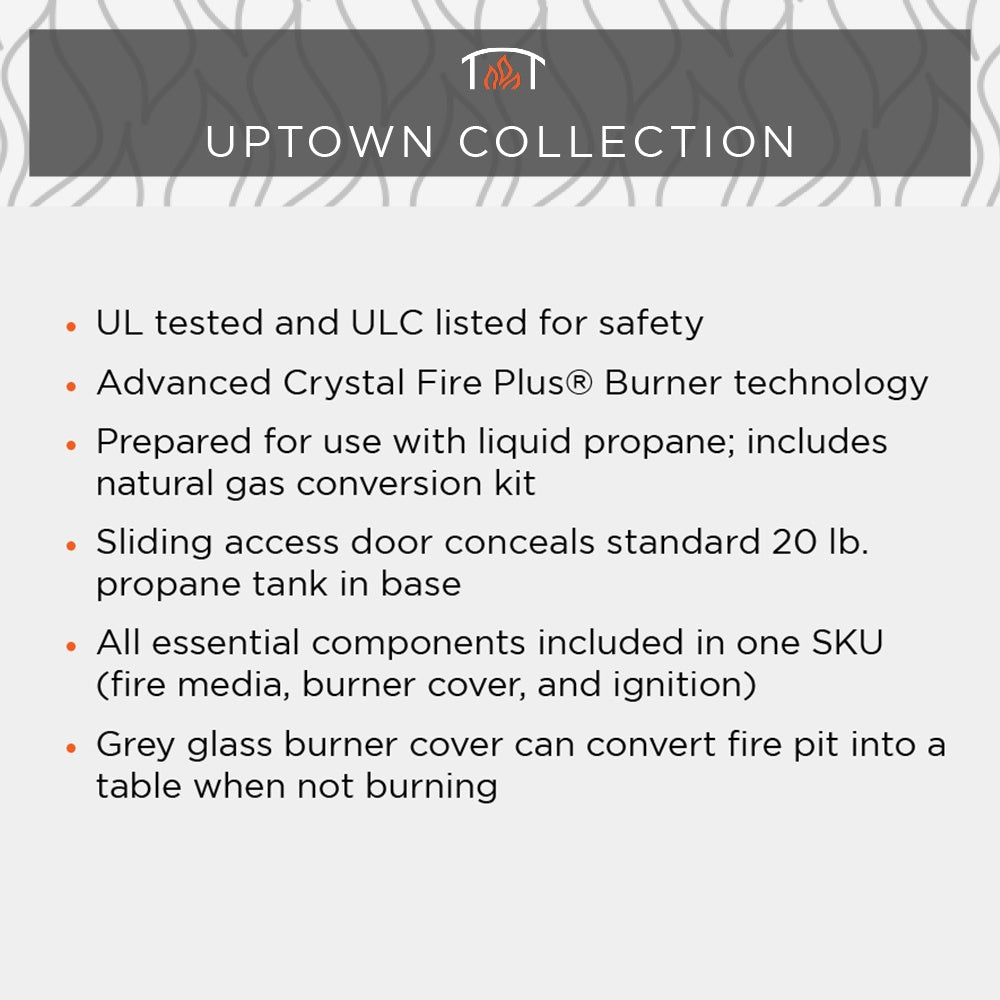 Uptown collection feature list graphic for a linear gas fire pit table