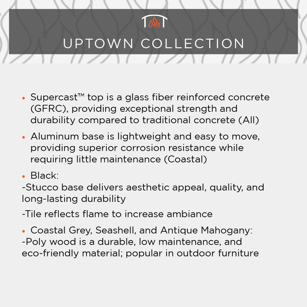 Uptown collection materials and finish notes graphic for a linear gas fire pit table