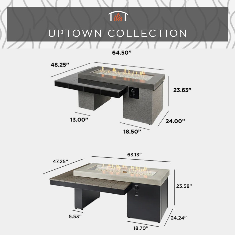 Uptown collection diagram with dimensions for a linear gas fire pit table