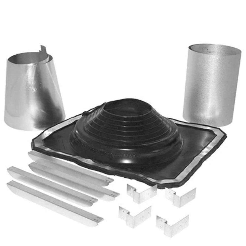 Rubber boot flashing kit with black roof boot, silver metal collars and spacers