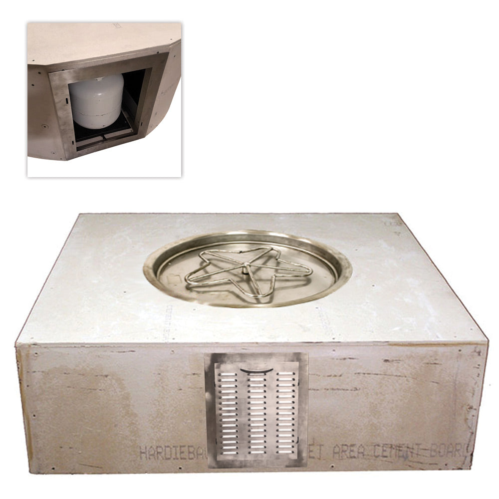 Square propane fire pit enclosure kit, brushed metal panel with round burner opening