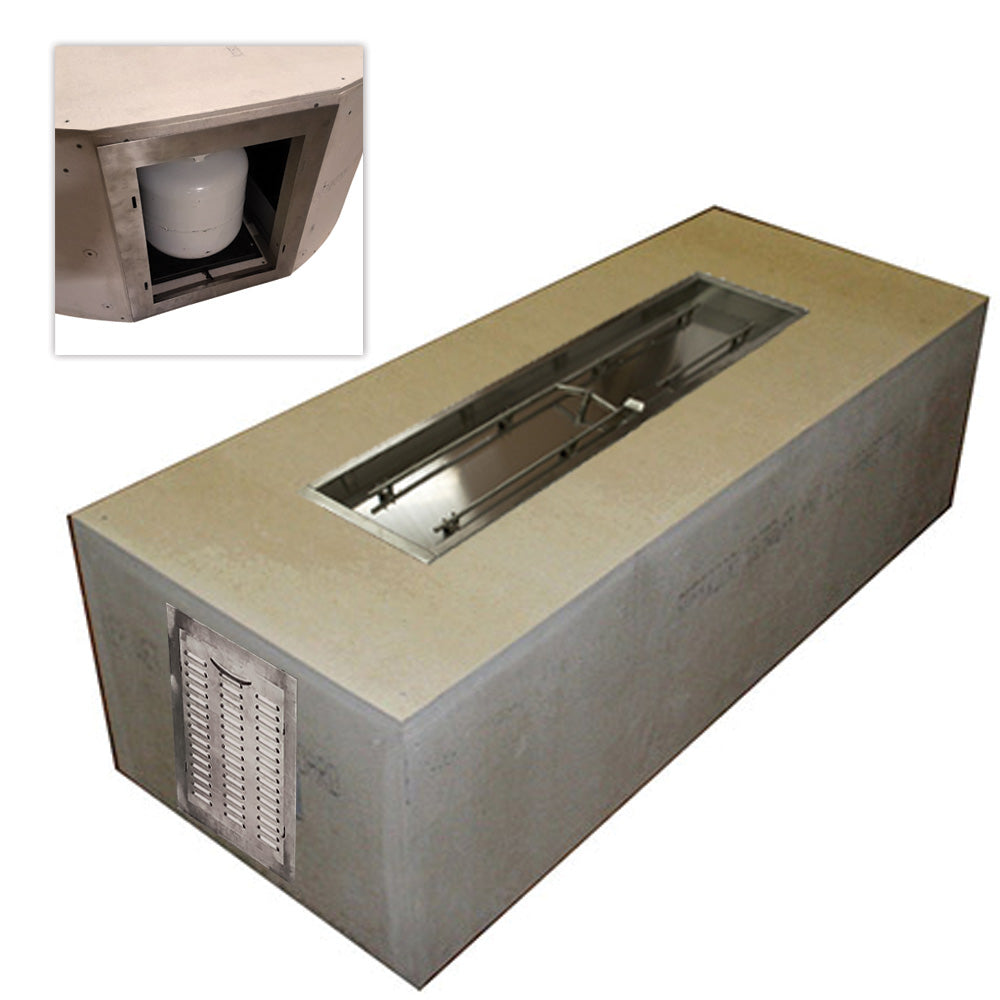 Rectangular unfinished gas fire pit enclosure kit with vented access panel and open burner bay
