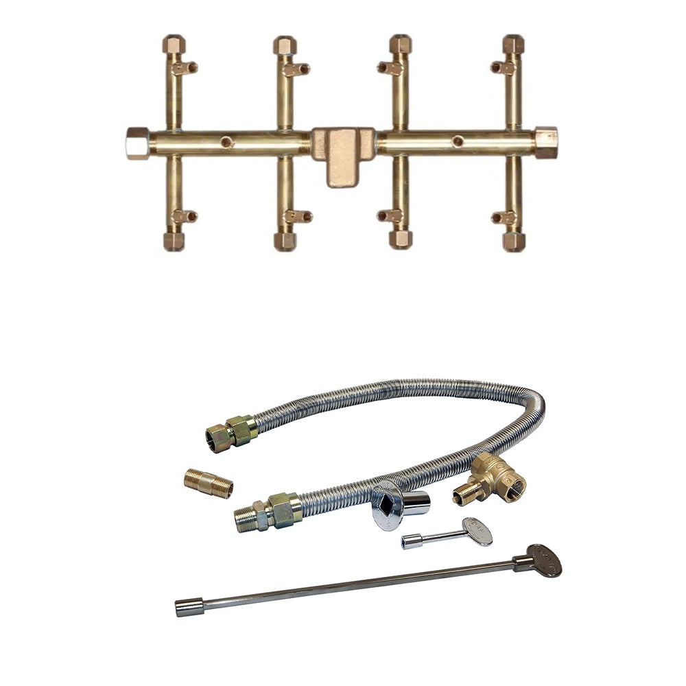 Gas burner kit with brass manifold, braided hoses, fittings, and ignition rod