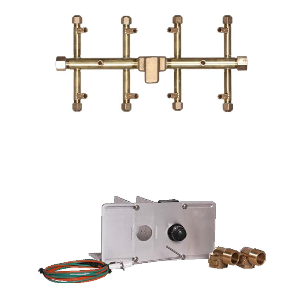 Crossfire gas burner ignition kit with brass manifold, control box, wiring, and fittings