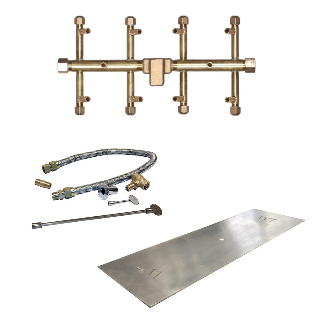 Gas burner kit with brass manifold, flex gas hoses, and metal burner pan