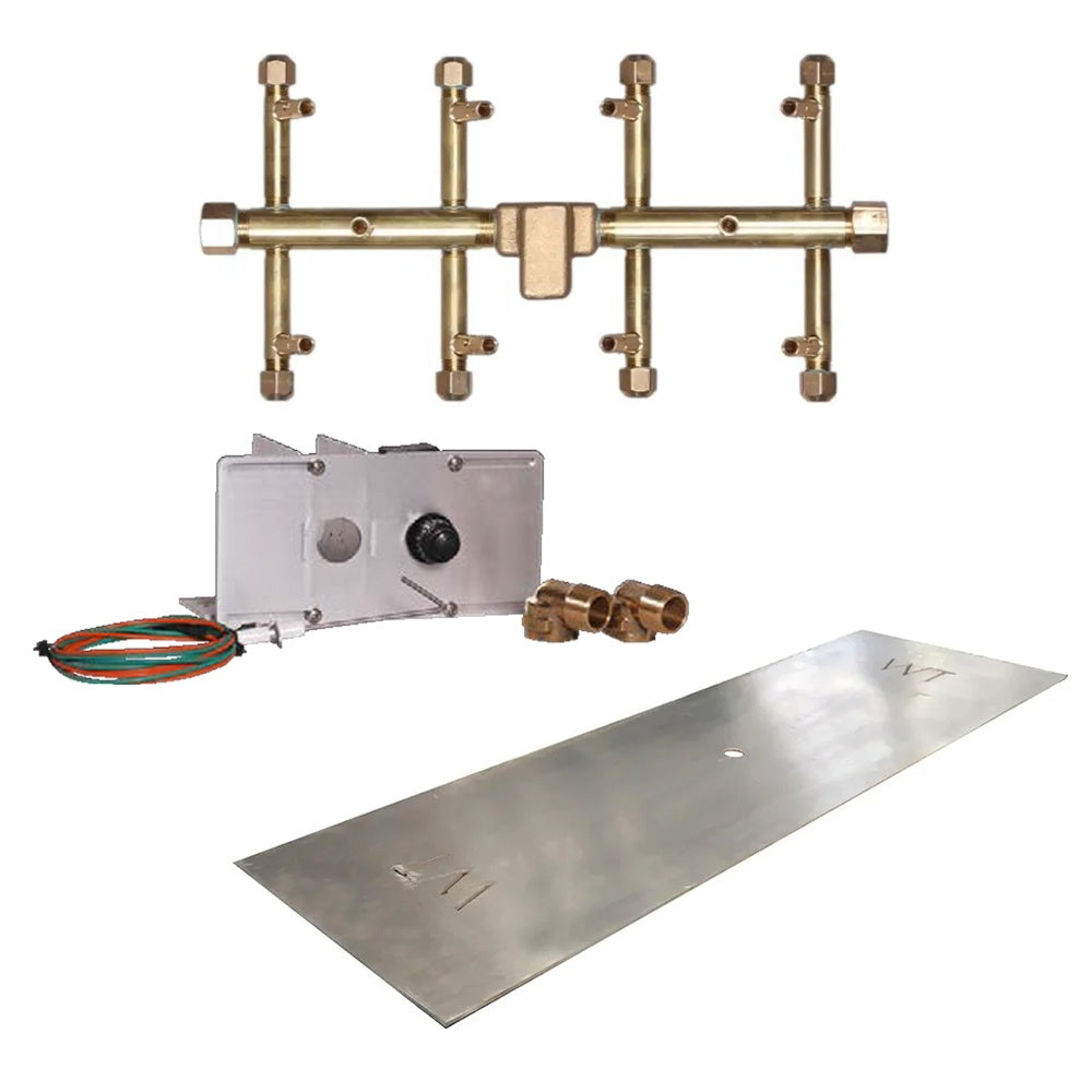 Crossfire gas burner ignition kit with brass manifold, control box, wiring, and metal pan