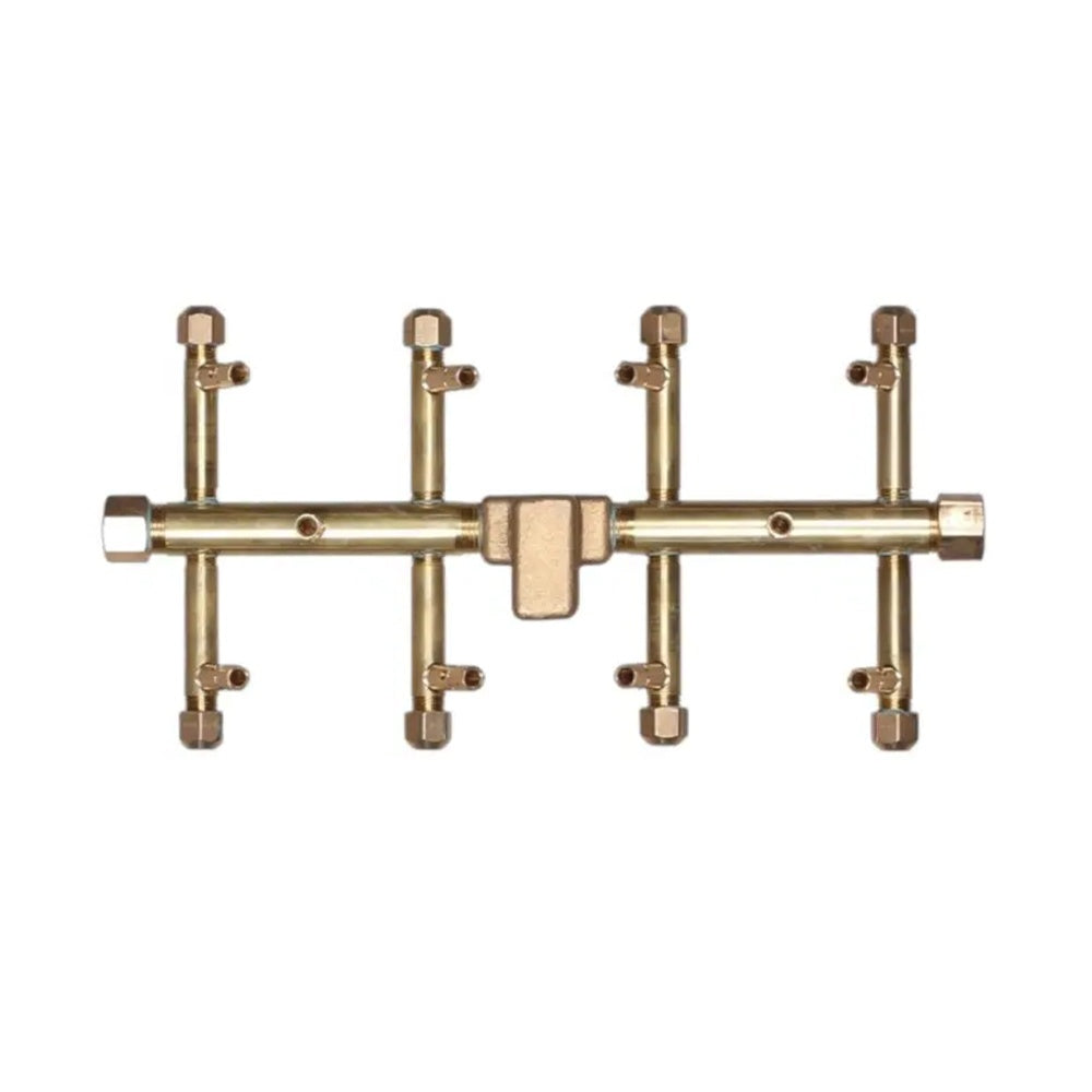 Brass tree-style crossfire burner manifold with multiple outlet tubes and caps