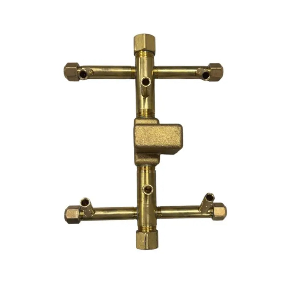 Brass Crossfire burner assembly with central valve and four side gas tubes