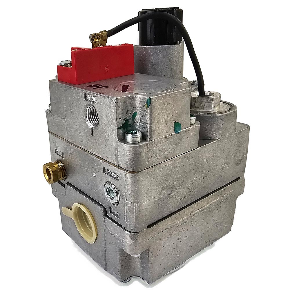 Gas millivolt replacement valve with brass ports and black cable on metal housing
