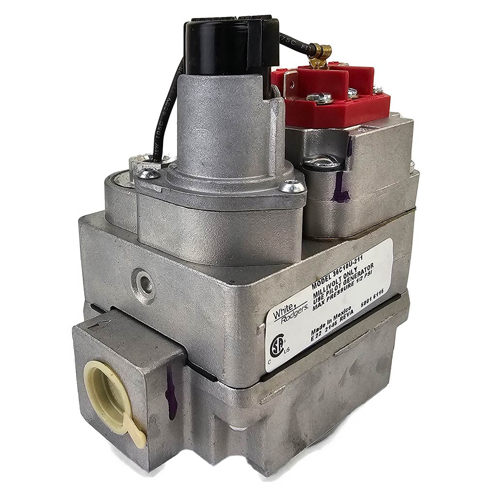 Gas millivolt replacement valve with red terminal block and label on metal body