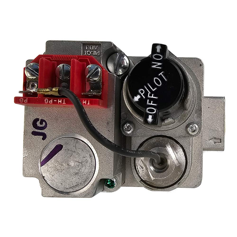 Gas millivolt replacement valve with ON/OFF knob markings, red terminals, and metal housing