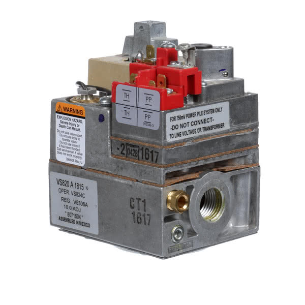 Gas millivolt valve with red control module and brass inlet fitting, gray metal body
