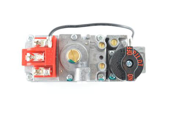 Low-capacity millivolt valve showing black control dial and metal gas ports