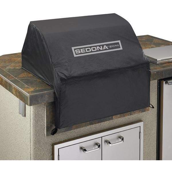 Outdoor built-in vinyl grill cover, dark gray with Sedona Lynx logo