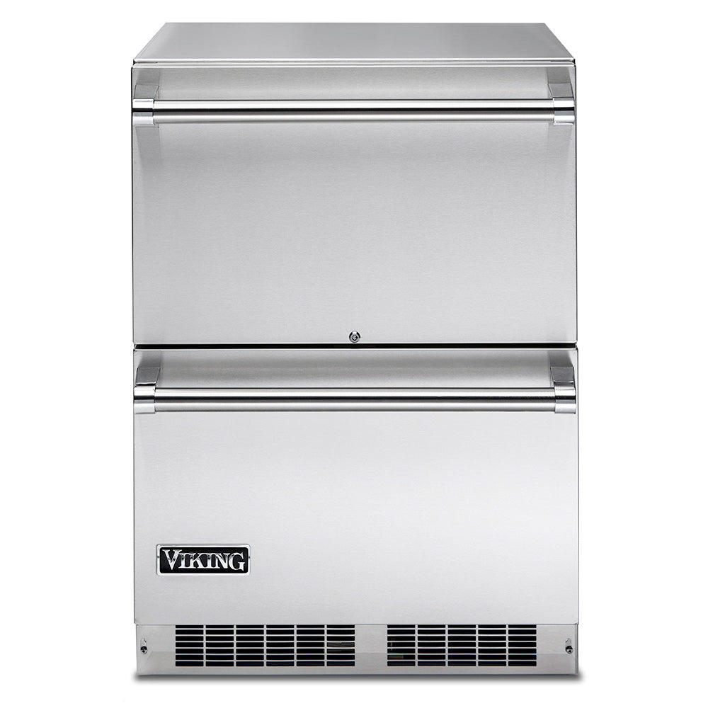 Stainless steel refrigerated drawer unit with two pull-out drawers and front grille