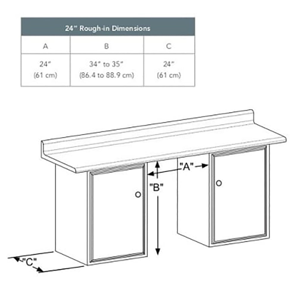Refrigerated drawer rough-in dimensions diagram for 24-inch installation