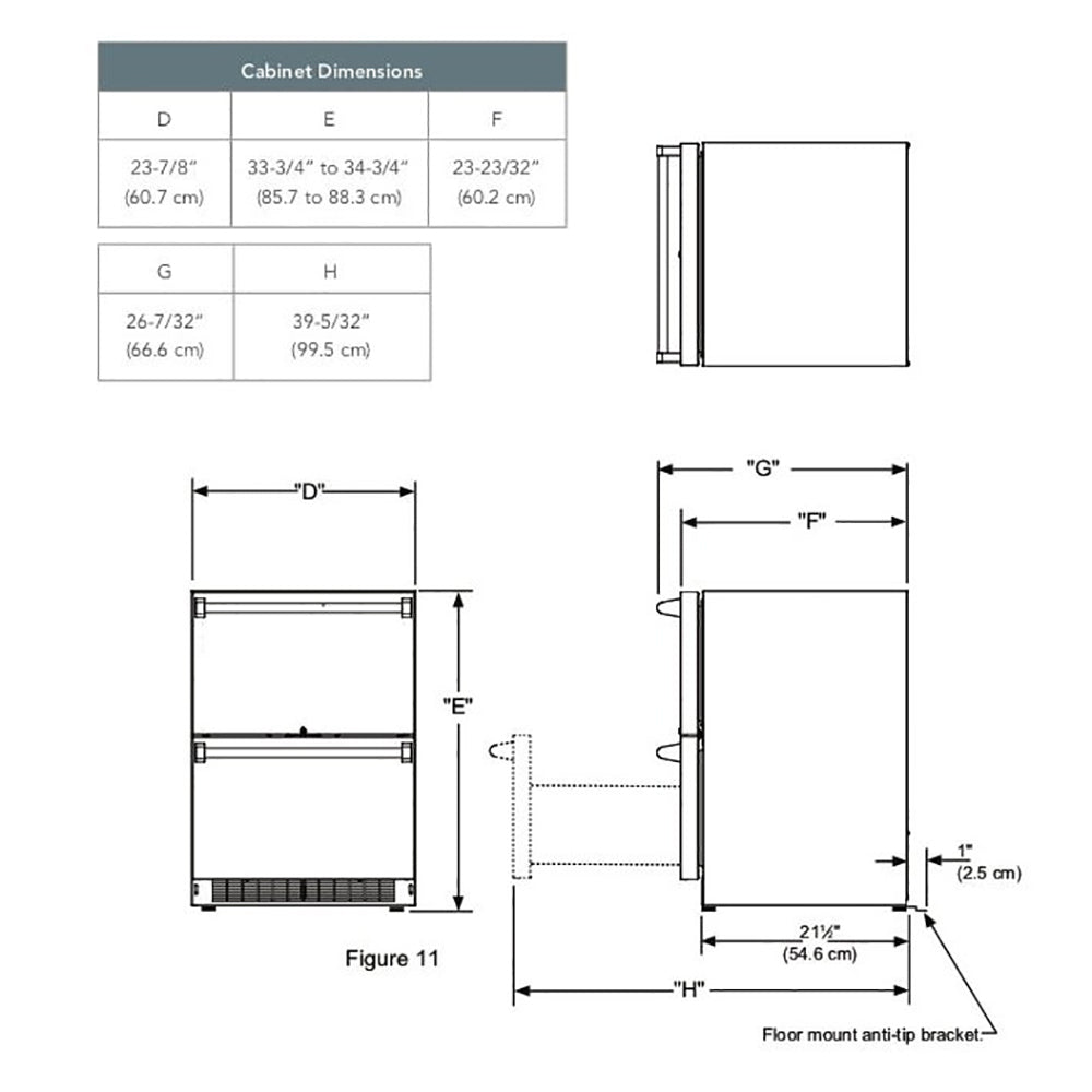 Refrigerated drawer cabinet dimension diagram with measurements for floor mounting