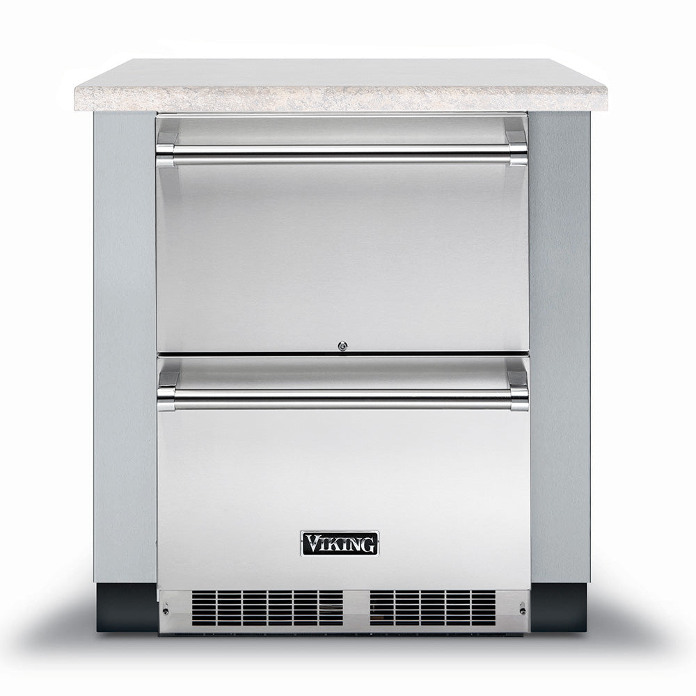 Stainless steel refrigerated drawer unit, two drawers, vented base, Viking logo