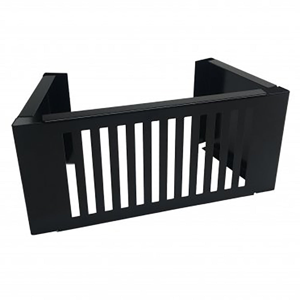 Rectangular vent with hinged side panels and vertical slats, dark finish