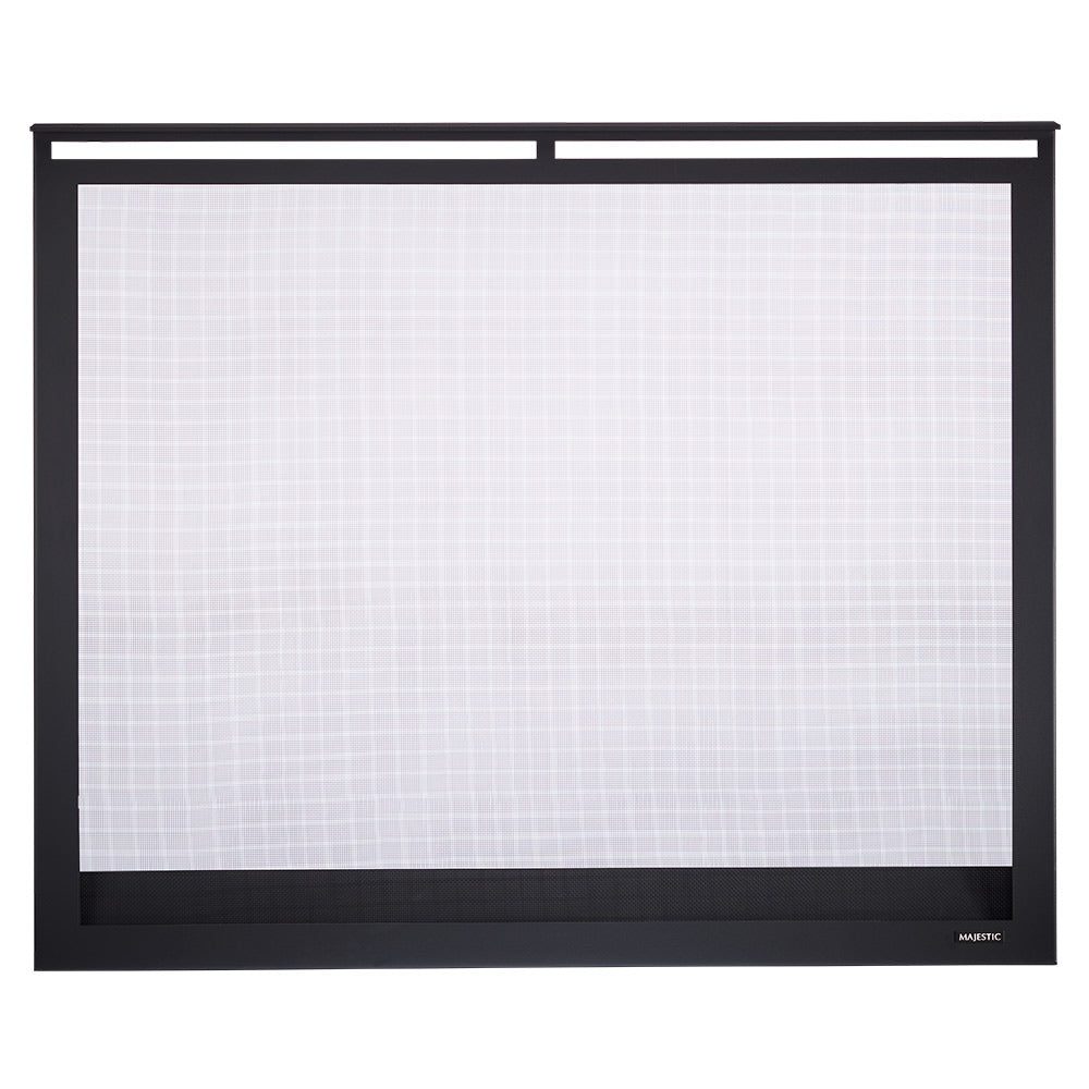 Black fireplace screen with rectangular frame and fine mesh panel