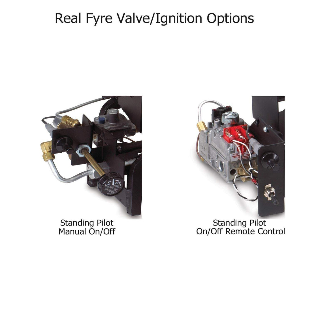 Gas log valve and ignition options with standing pilot manual and remote control views