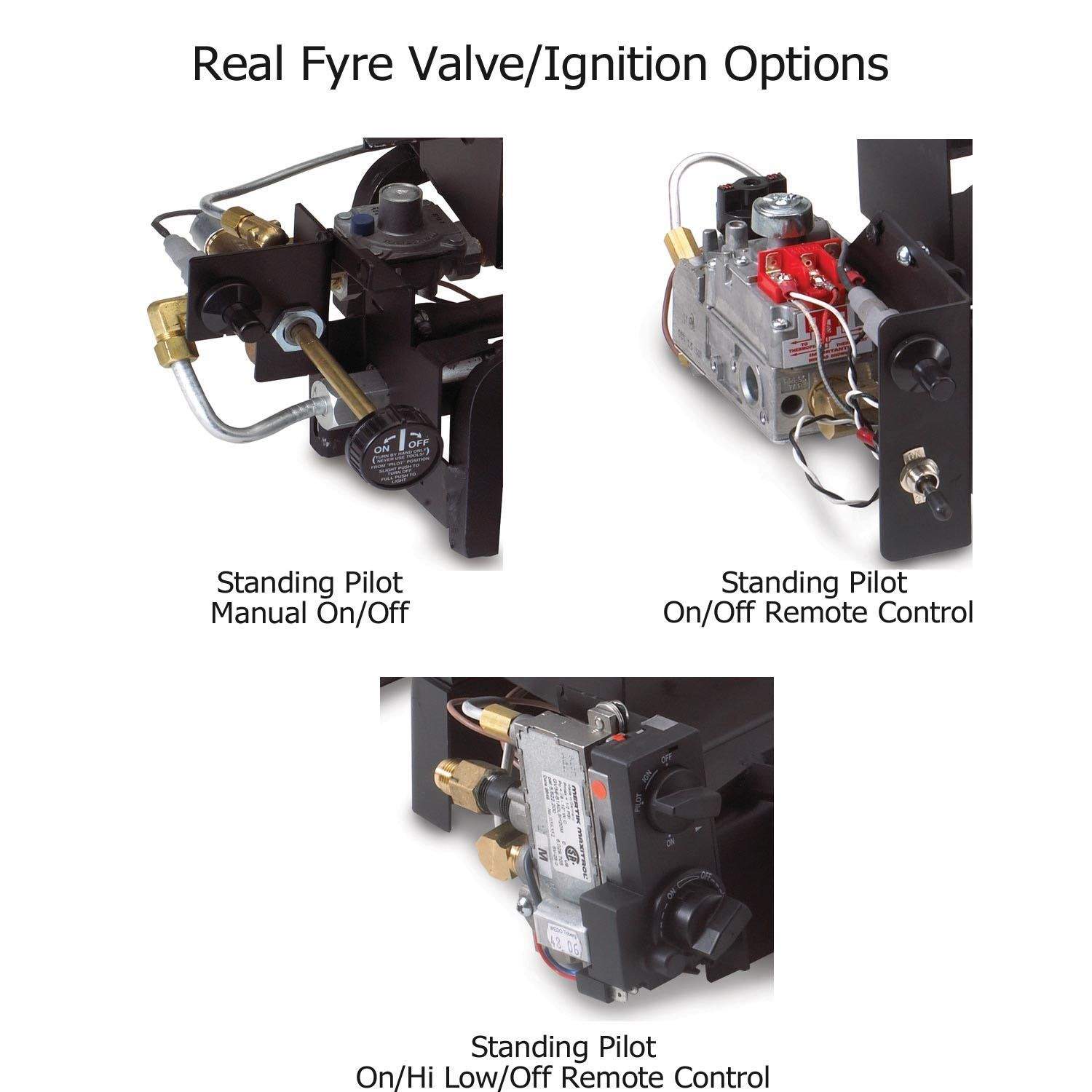 Ventless gas log valve and ignition options with standing pilot diagrams