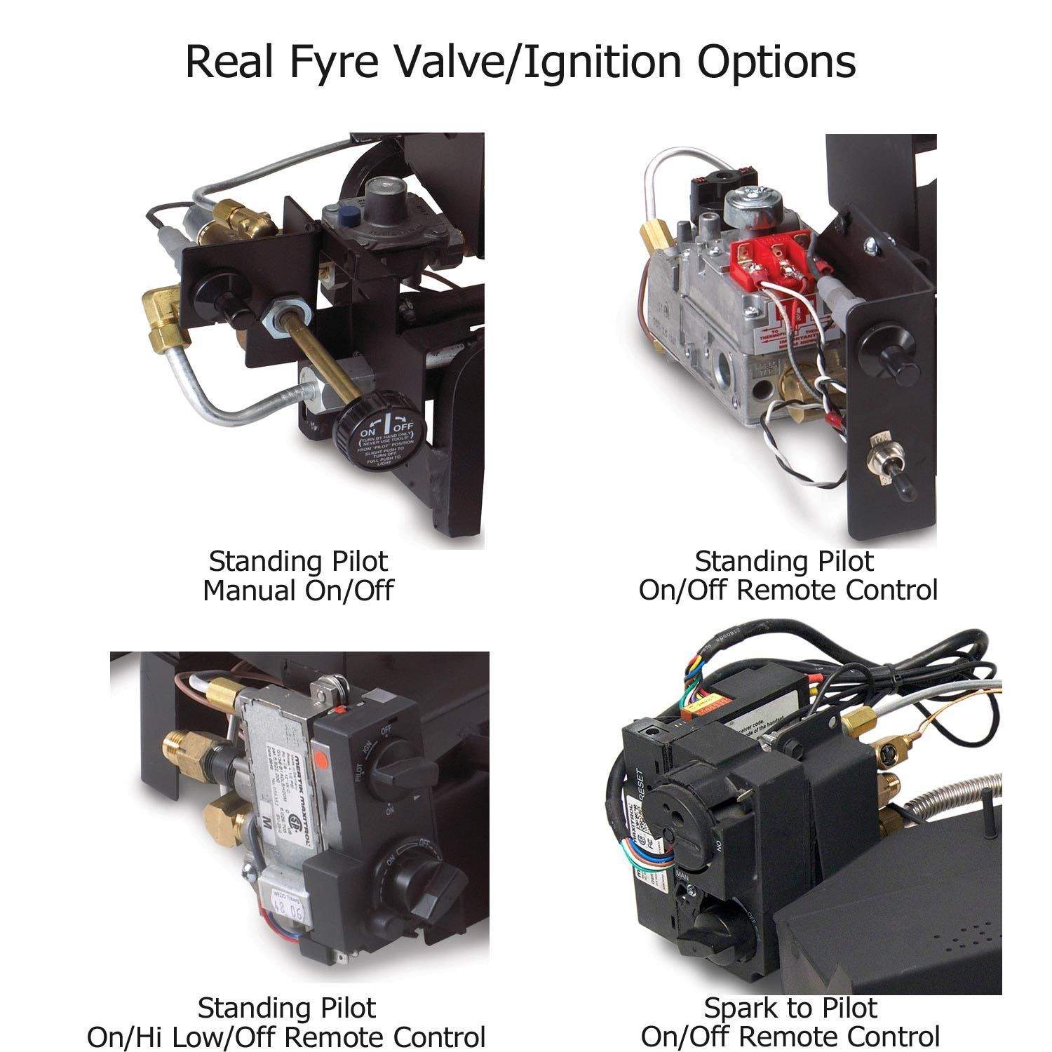 Gas log valve and ignition components with wiring harness and switches