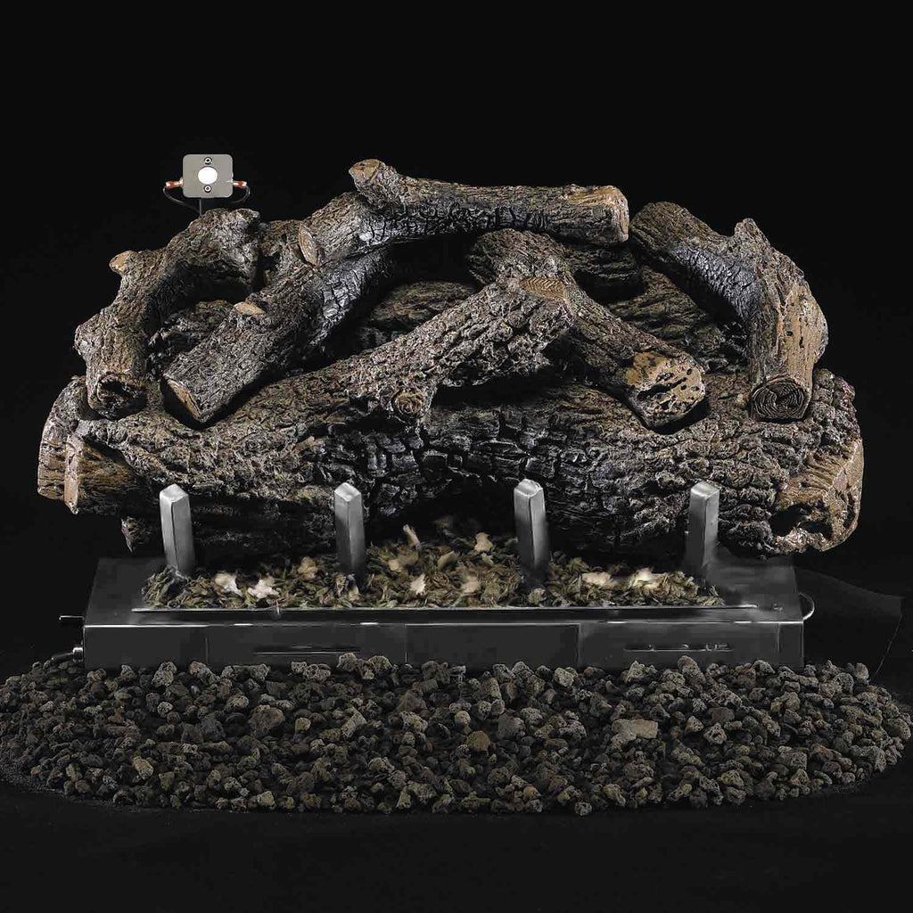 Charred oak ventless gas log set with gray logs and glowing ember base