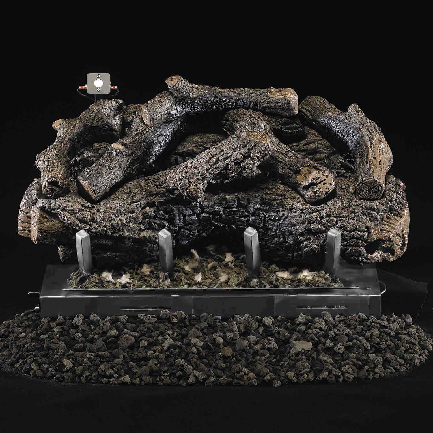 Charred oak ventless gas log set with gray logs and glowing ember base