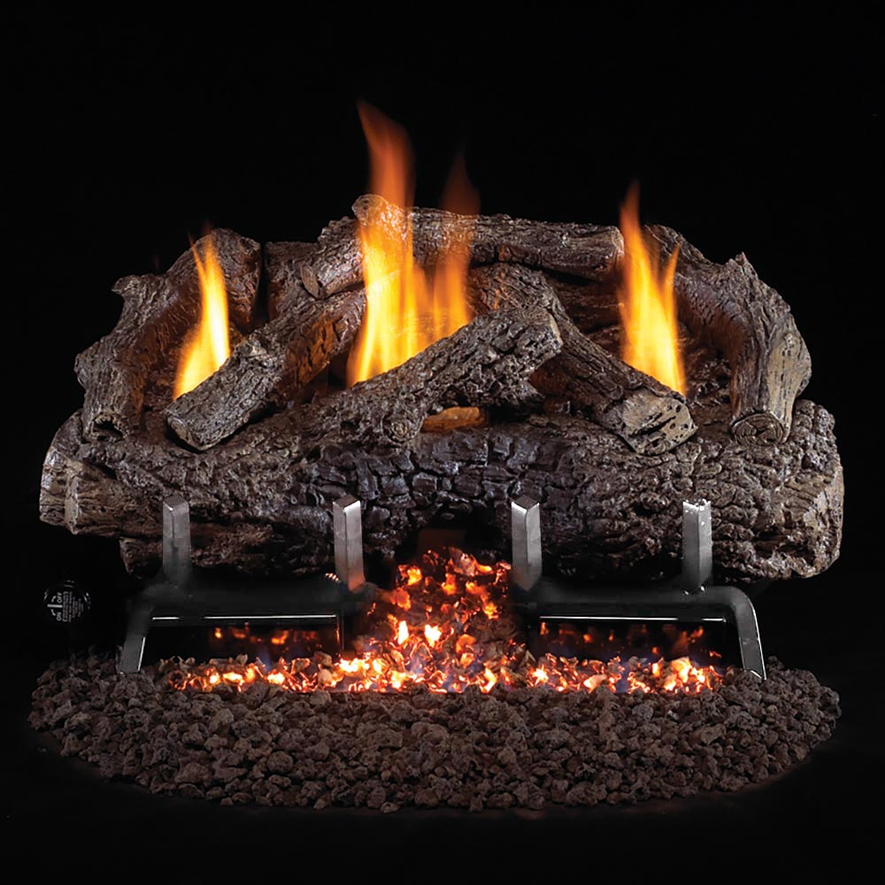 Charred oak ventless gas log set with orange flames and ember bed