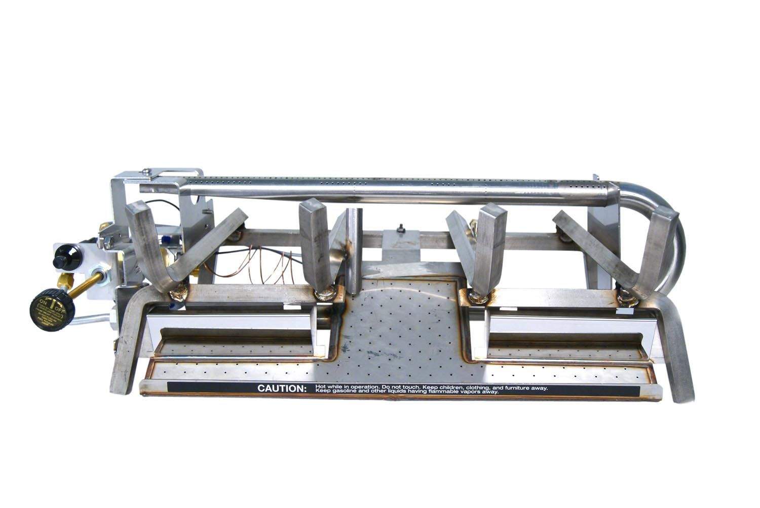 Ventless gas log burner with metal mounting frame and control gas line