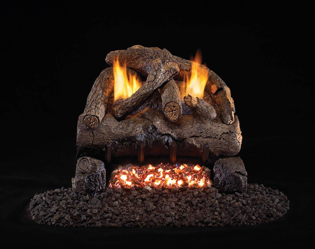 Ventless gas log set with glowing embers and tall flames beside dark rock-style log pieces