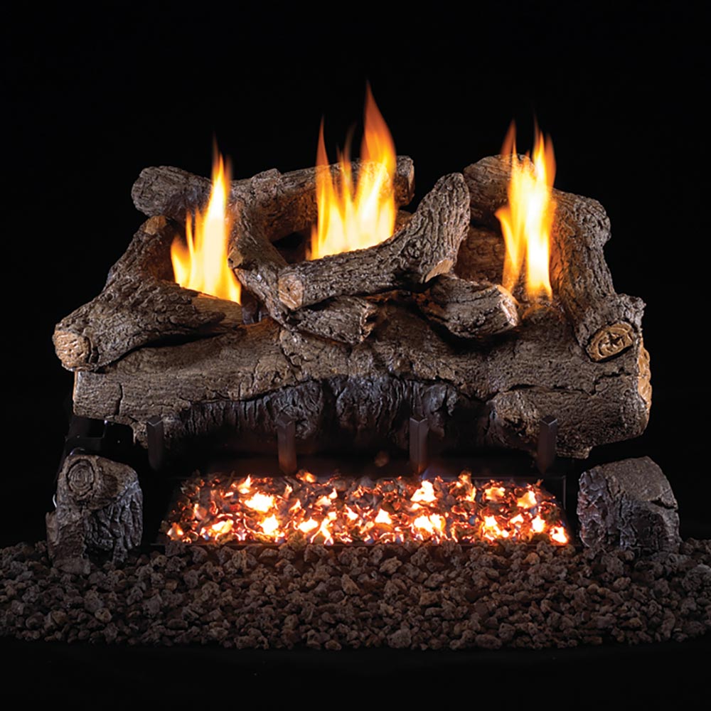Ventless gas log set with burning flames over dark charcoal rock-style logs and glowing embers