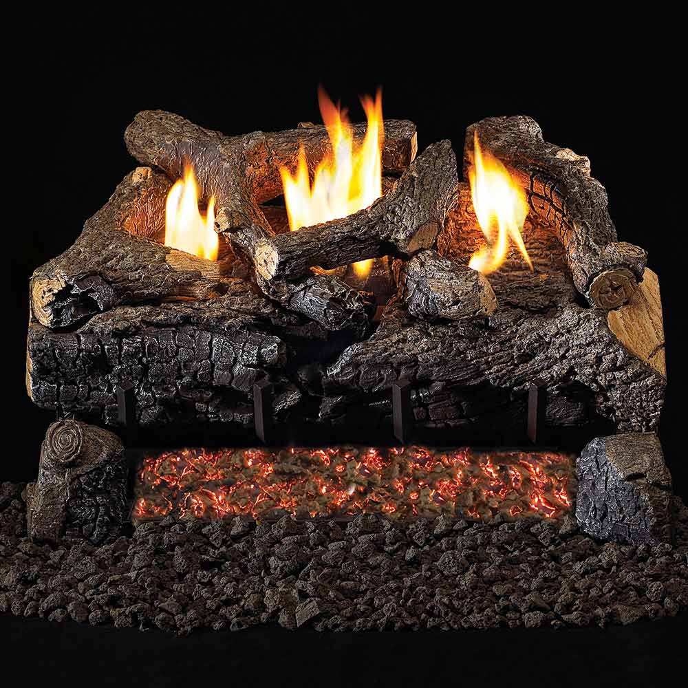 Ventless gas log set with charred logs and glowing flames above a red ember bed.