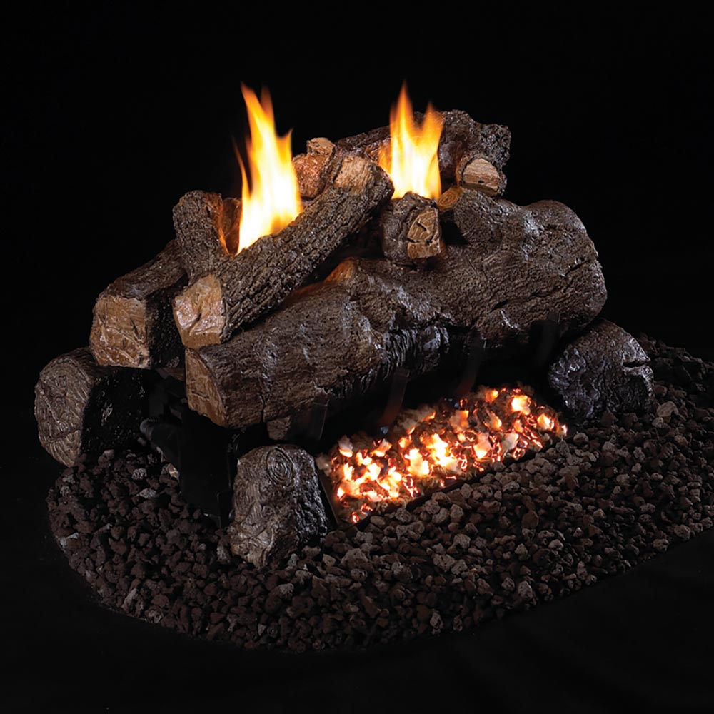 Ventless gas log set with charred ceramic logs and glowing ember bed, flames rising