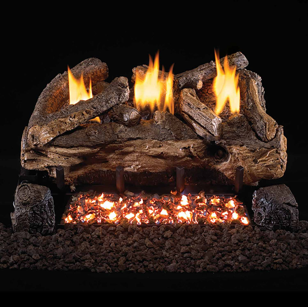 Ventless gas log set with split logs and glowing embers, flames rising