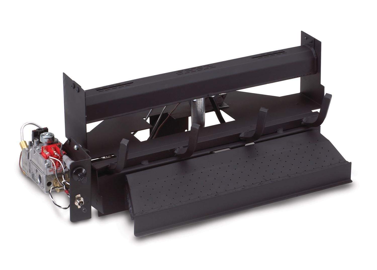 Ventless burner base with metal firebox frame and gas valve assembly