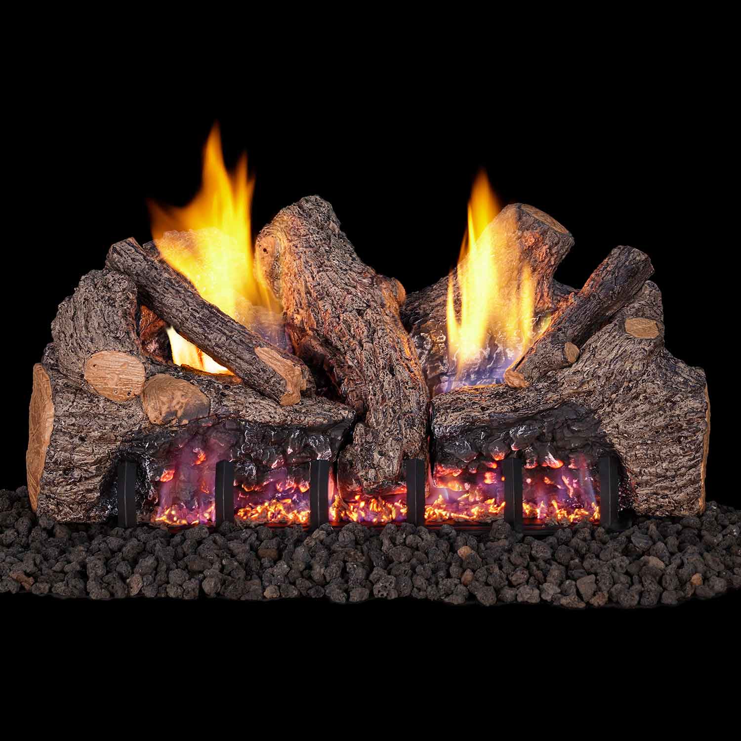 Ventless gas log set with dark wood logs, glowing ember bed, and active flames